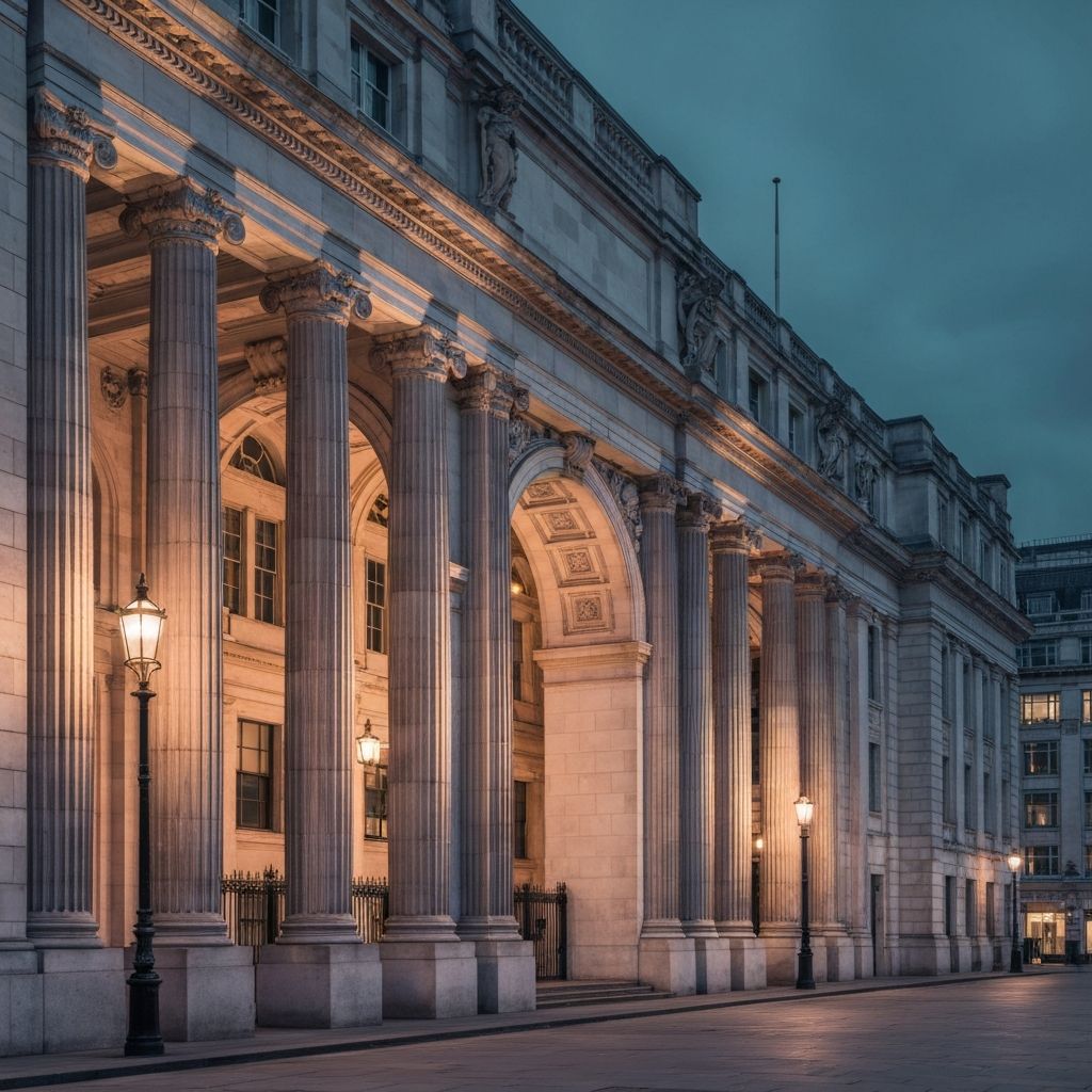 City of London Royal Exchange stone columns at dusk